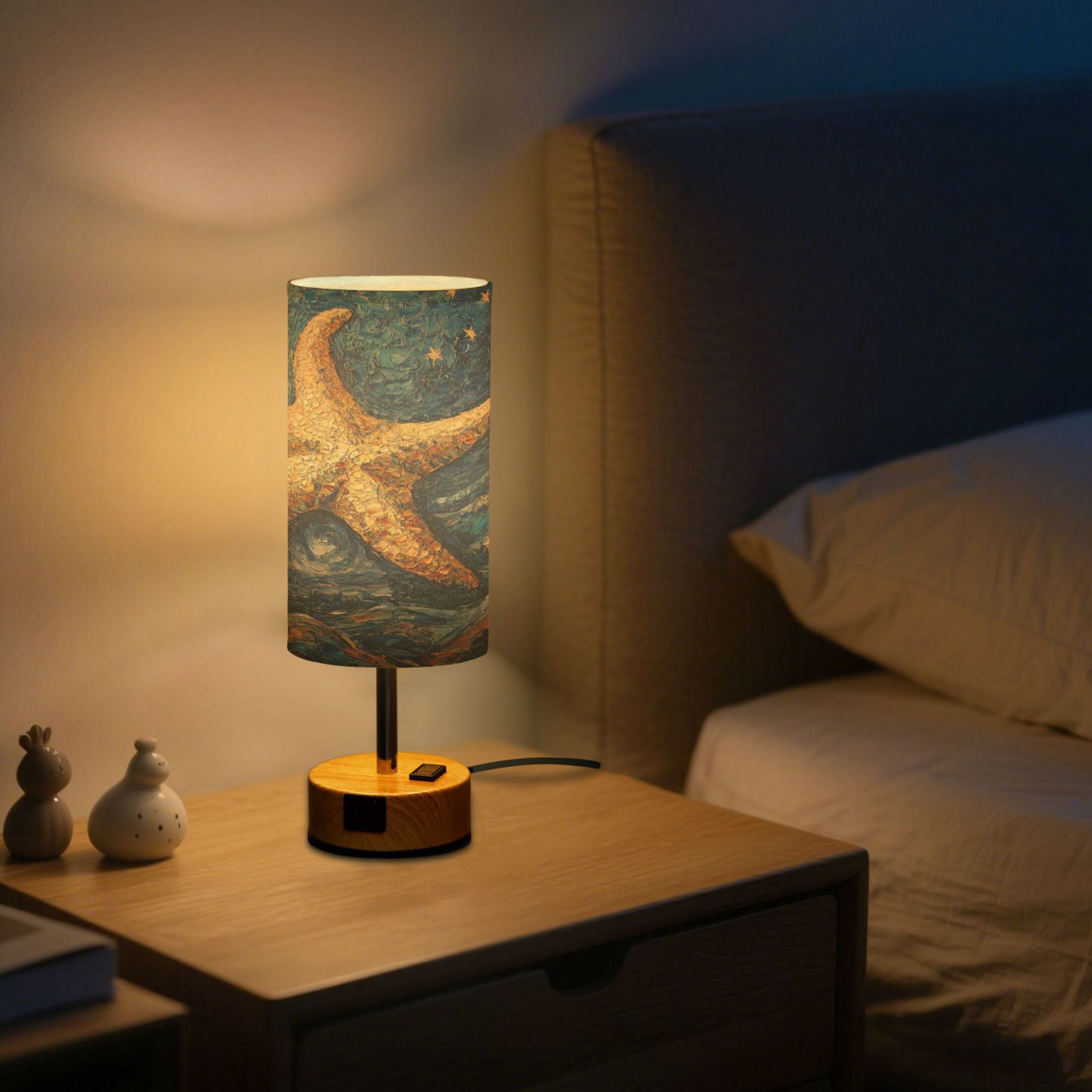 Wobogo Giant Starfish Oil Painting Bedside Lamp Touch Control Table Lamp with USB A+C Charging Ports & AC Outlet 3-Way Dimmable Nightstand Lamp with Linen Fabric Shade for Bedroom Living Room