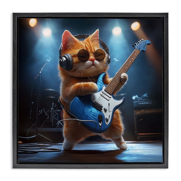 Cat Guitarist in Band Black Framed Floater Canvas Wall Art, design by Jim Baldwin