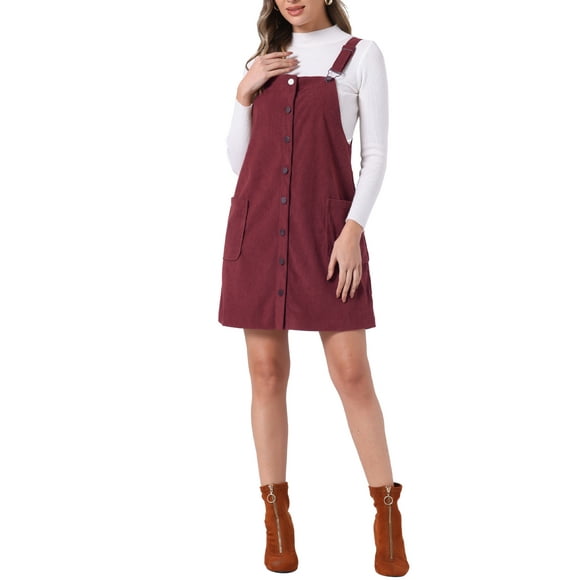 INSPIRE CHIC Women's Corduroy Dress Adjustable Straps Button Down Pinafore Overall Dress with Pockets XS 1