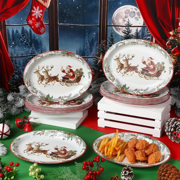 YUYAN-50 Pcs Christmas Paper Plates Bulk Santa on The Way Oval Dinner Plates Heavy Duty 9" x 11" Disposable Large Xmas Dessert Tableware for Holiday Party New Year Party Supplies Decorations