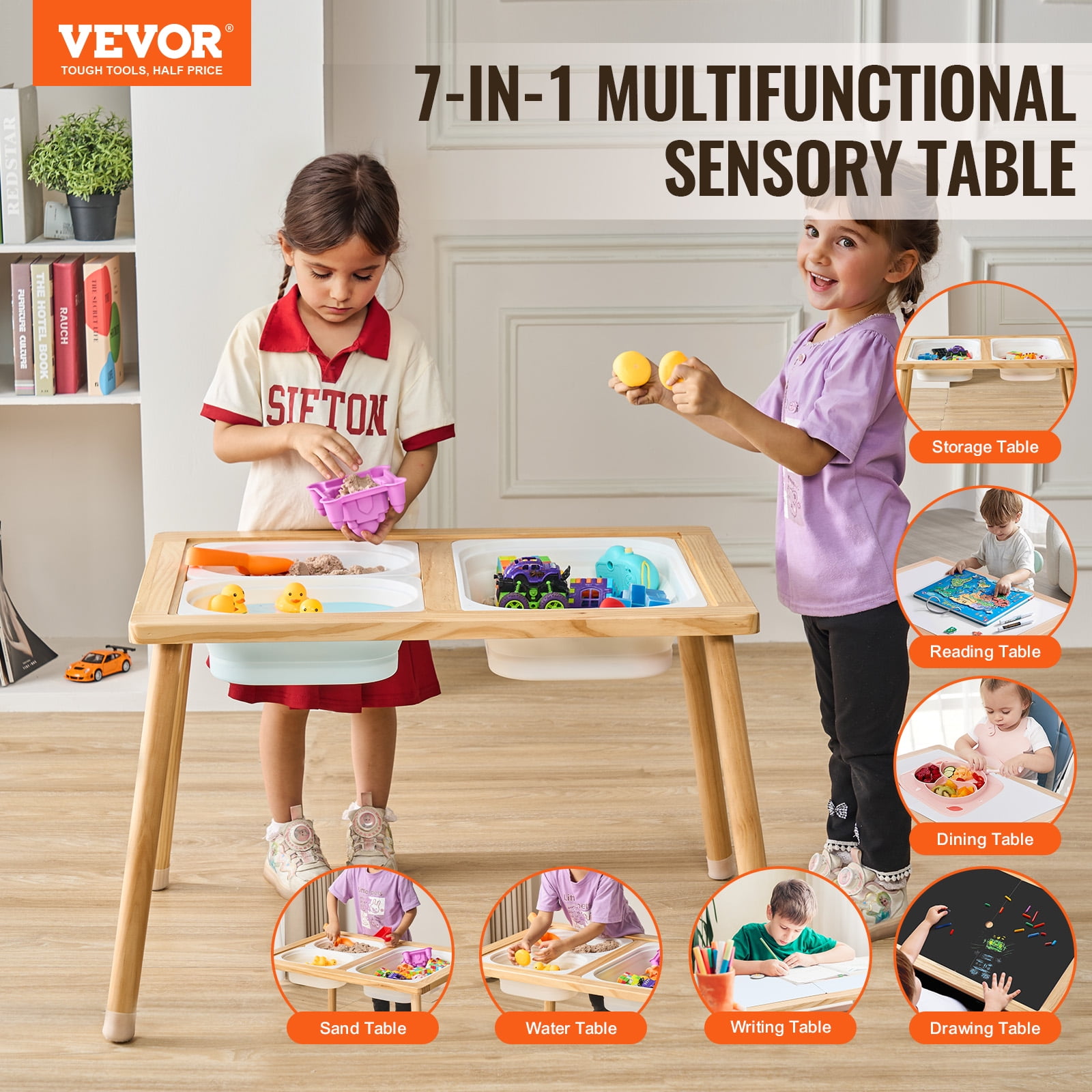 VEVOR Sensory Table for Toddlers,Kids Activity Table with 3 Foldable Storage Bins & Double-Sided Board,Indoor/Outdoor Play Sand and Water Table, Wooden Kids Sensory Table for Drawing Studying Dining