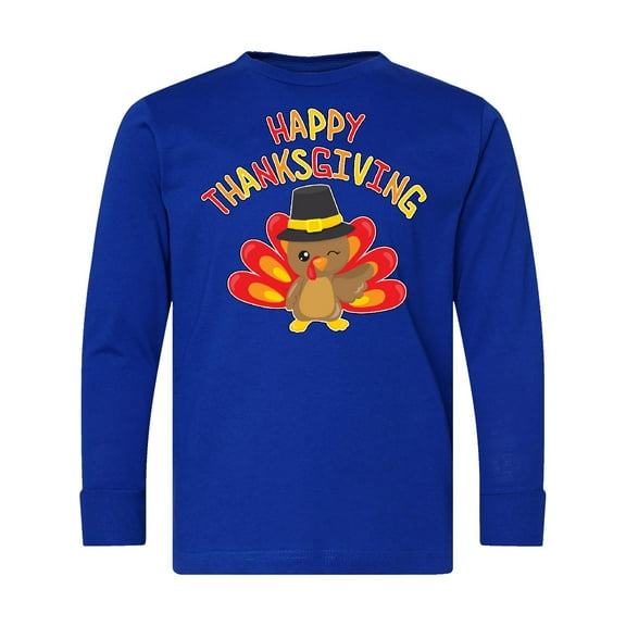 Inktastic Happy Thanksgiving Cute Turkey in Pilgrim Hat Long Sleeve Youth T-Shirt