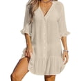 thumbnail image 2 of Women'S V Neck Ruffled Cover Up Button Down Bathing Suit Beach Dress with Short Sleeves Cream White XXL, 2 of 7