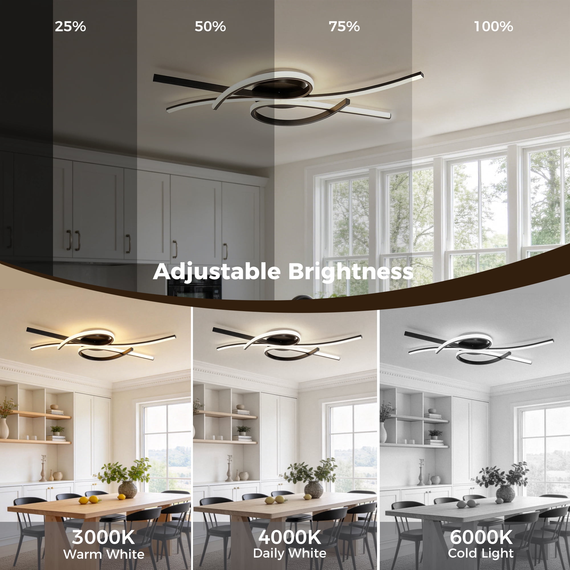 YANSUN 31.5" 3-Light Modern LED Flush Mount Ceiling Light, 30W Dimmable Black Semi Flush Mount Fixture with Remote Control, 3CCT for Kitchen Island Dining Room Bedroom Living Room