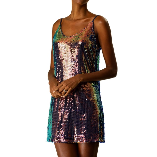 INSPIRE CHIC Vestido de Mujer con Brillo y Lentejuelas, Escote en V, Tirantes Ajustables, Vestido Corto de Prom, Estilo Sirena, Talla L