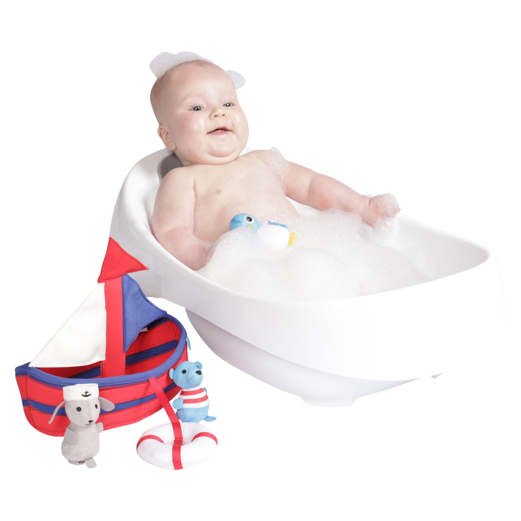 Manhattan Toy Neoprene Sailboat 4 Piece Floating Spill n Fill Bath Toy with Quick Dry Sponges and Squirt Toy