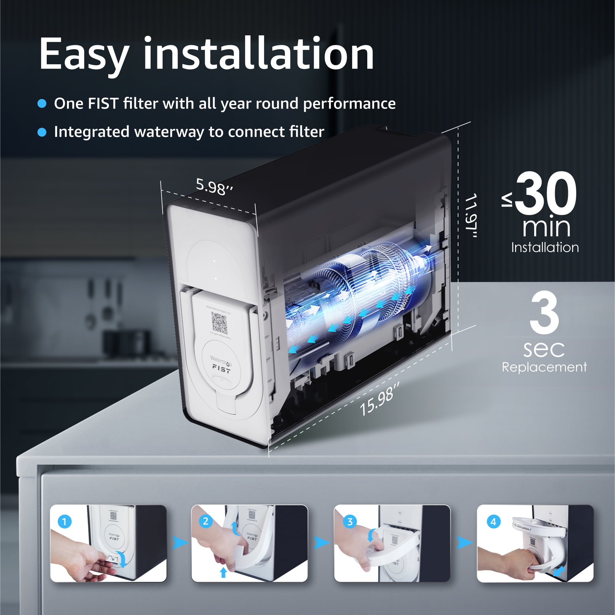 Waterdrop D6 RO Reverse Osmosis System, 600 GPD, Tankless, 1.5:1 Drain Ratio, Smart LED Faucet Water Filtration System