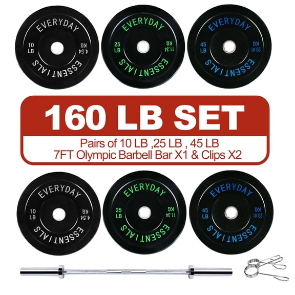 FlexWave Bumper Plates Set with 7FT Olympic Barbell, 160 lb Plates, 2-Inch, Black