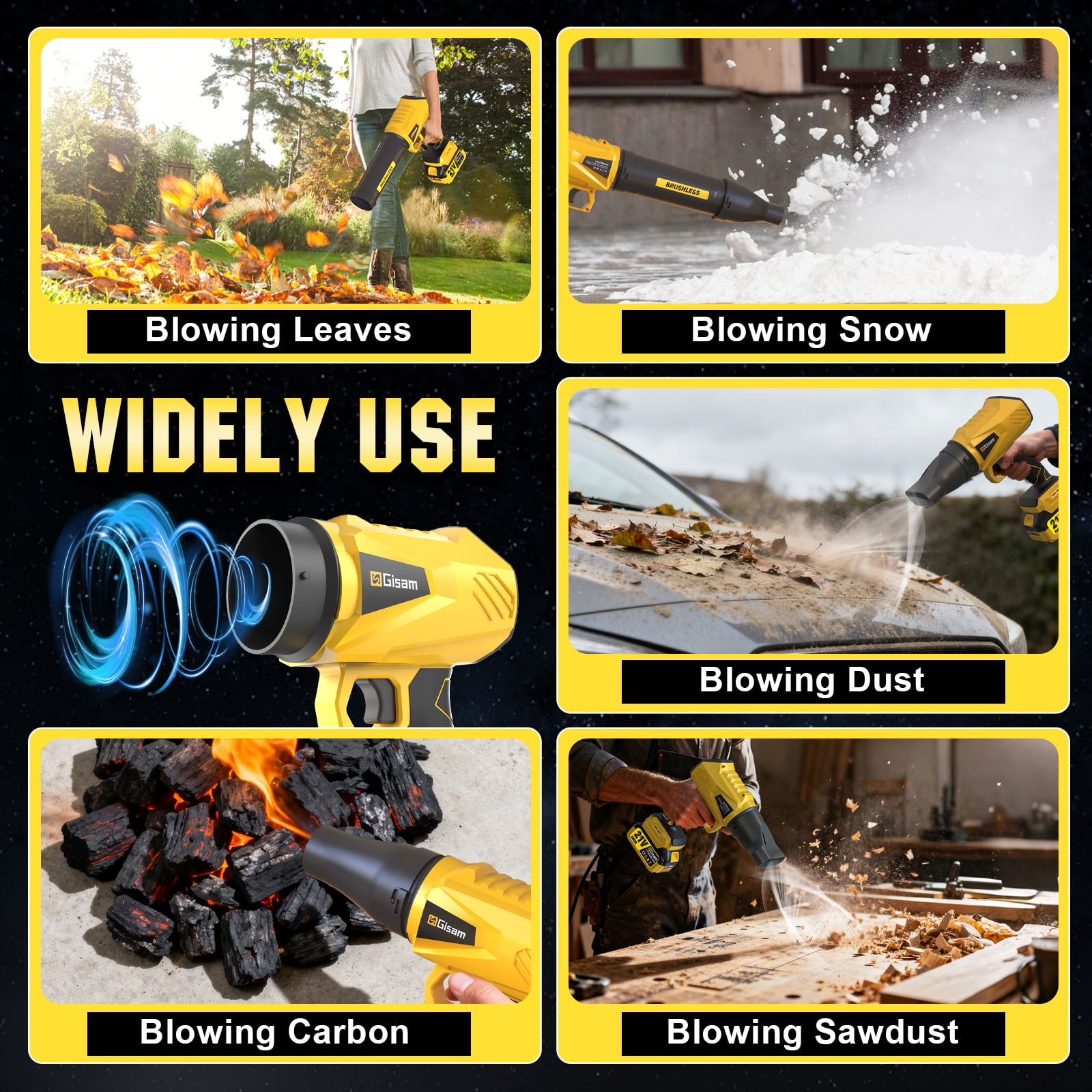 Gisam Electric Blower, Cordless Brushless Leaf Blower with 2X 6.0Ah Batteries & Charger Included, Lightweight, Variable Air Speeds, Up To 200m/s