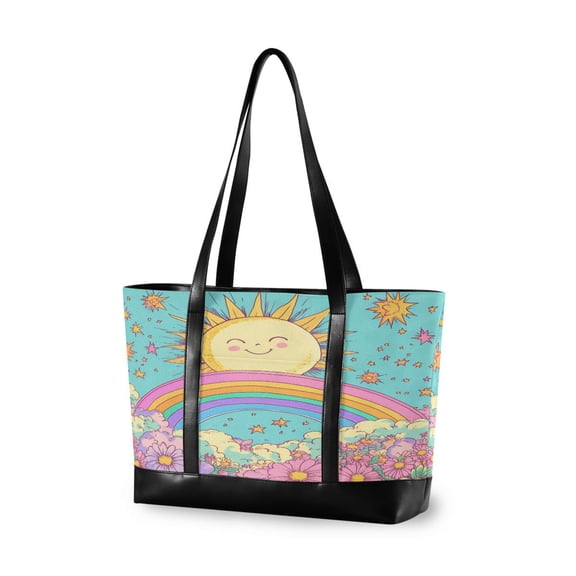 FORMRS Canvas Laptop Tote Bag for Women with 15.6" Computer Compartments Shoulder Handbag, Retro Blue Rainbow