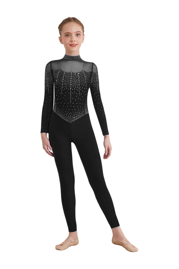 Kids Girls Mock Neck Dance Jumpsuit Sheer Mesh Figure Skating Bodysuit Shiny Rhinestones Full Body Leotard Black 10