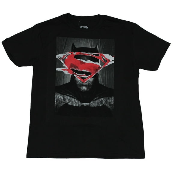 Batman Vs Superman Mens T-Shirt - Superman Stamped Logover Bats Face Box (X-Large)