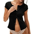 thumbnail image 2 of Women'S Short Sleeve Summer Tops Ribbed Knit Button Down Tight Tees Shirts Going Out Y2K Clothes Black M, 2 of 8
