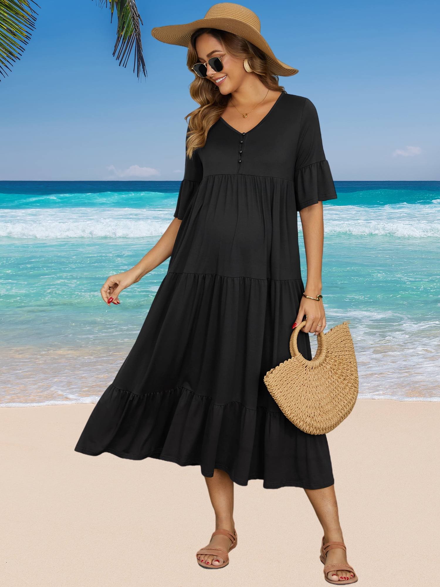 DARING DIVA Women's Maternity Short Sleeves Ruffled Sleeve Maxi Dress S Black