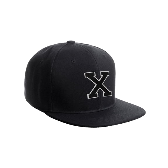Classic Snapback Hat Custom A to Z Initial Raised Letters, Black Cap White Black Letter Initial X