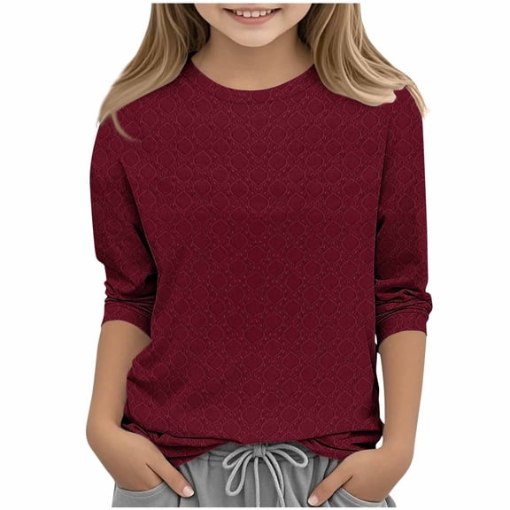 PWPSG Girls Summer Casual Shirts 3/4 Sleeve Crewneck Pullover Eyelets Solid Tops Basic Blouses Fashion 2026 Trendy Outfits Wine 3 Years