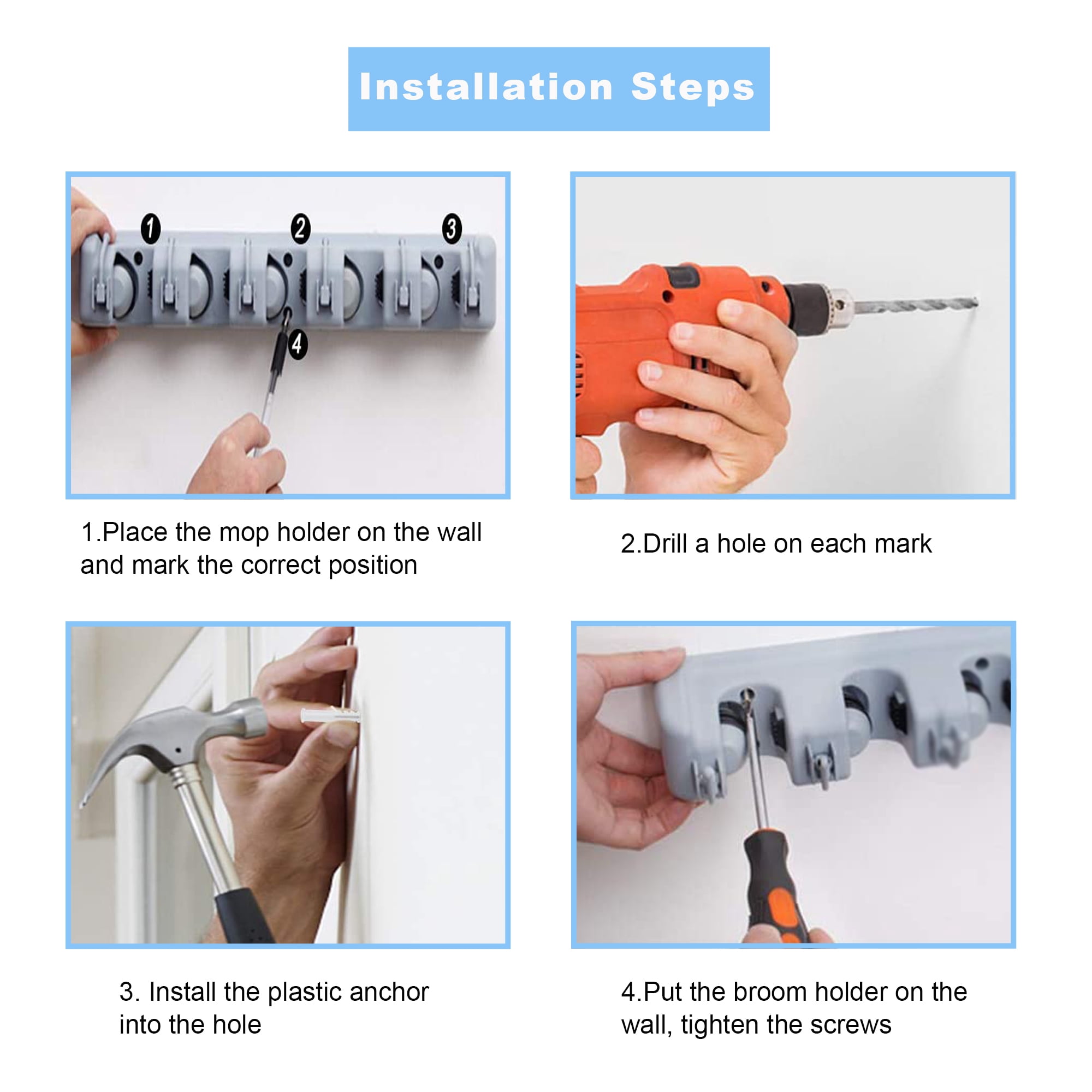 BreezyLife Mop and Broom Holder Wall Mount, Organizer Storage Hooks with 5 Ball Slots and 6 Hooks