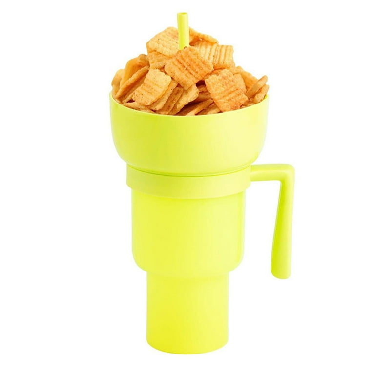 Drink Cup with Snack Bowl, 2 in 1 Drink Cup with Straw and Snack Tray,  Spill Proof Snack and Drink Cup, Portable Reusable, Suitable for Movie