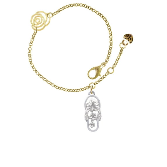 Delight Jewelry Silvertone White Open Plumeria Flower Flip Flop Gold-tone Rose Link Chain Bracelet, 6.25"+1.75" Extender