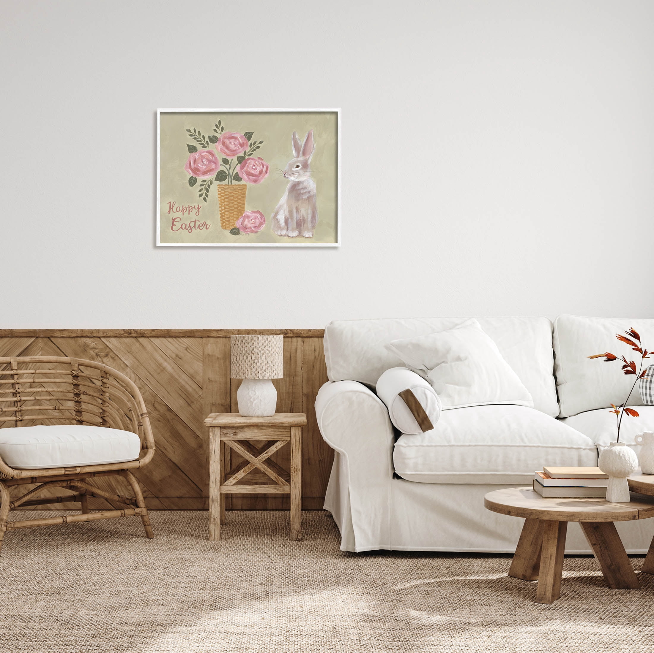 Stupell Industries Happy Easter Bunny Rose Bouquet Graphic Art White Framed Art Print Wall Art, Design by Pam Britton