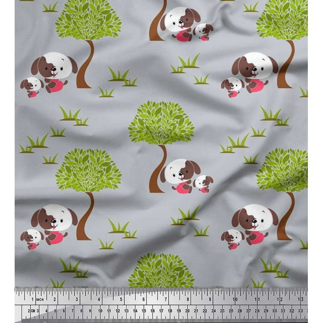 Soimoi Cotton Poplin Fabric Tree & Dog Kids Print Sewing Fabric Yard 56 Inch Wide