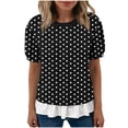 thumbnail image 6 of WAGUTH Women's Polka Dot Print Tops Crew Neck Puff Short Sleeve Casual Blouses with Ruffle Hem for Daily Wear,Black,XL, 6 of 7
