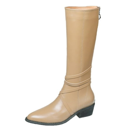 

XINSHIDE Women Mid Calf Boots Autumn And Winter Fashion Simple Solid Pointed Toe Belt Design Comfortable Square Heel Zipper Shoes For Women
