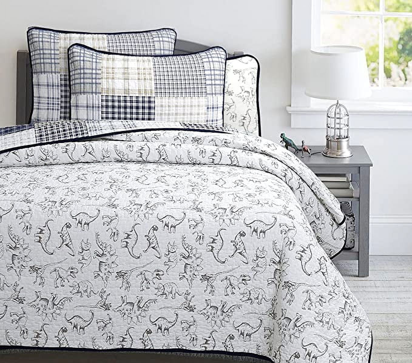 Cozy Line Benjamin Cute Dinosaur Navy Blue White Grey Plaid cotton Quilt, Twin - Reversible