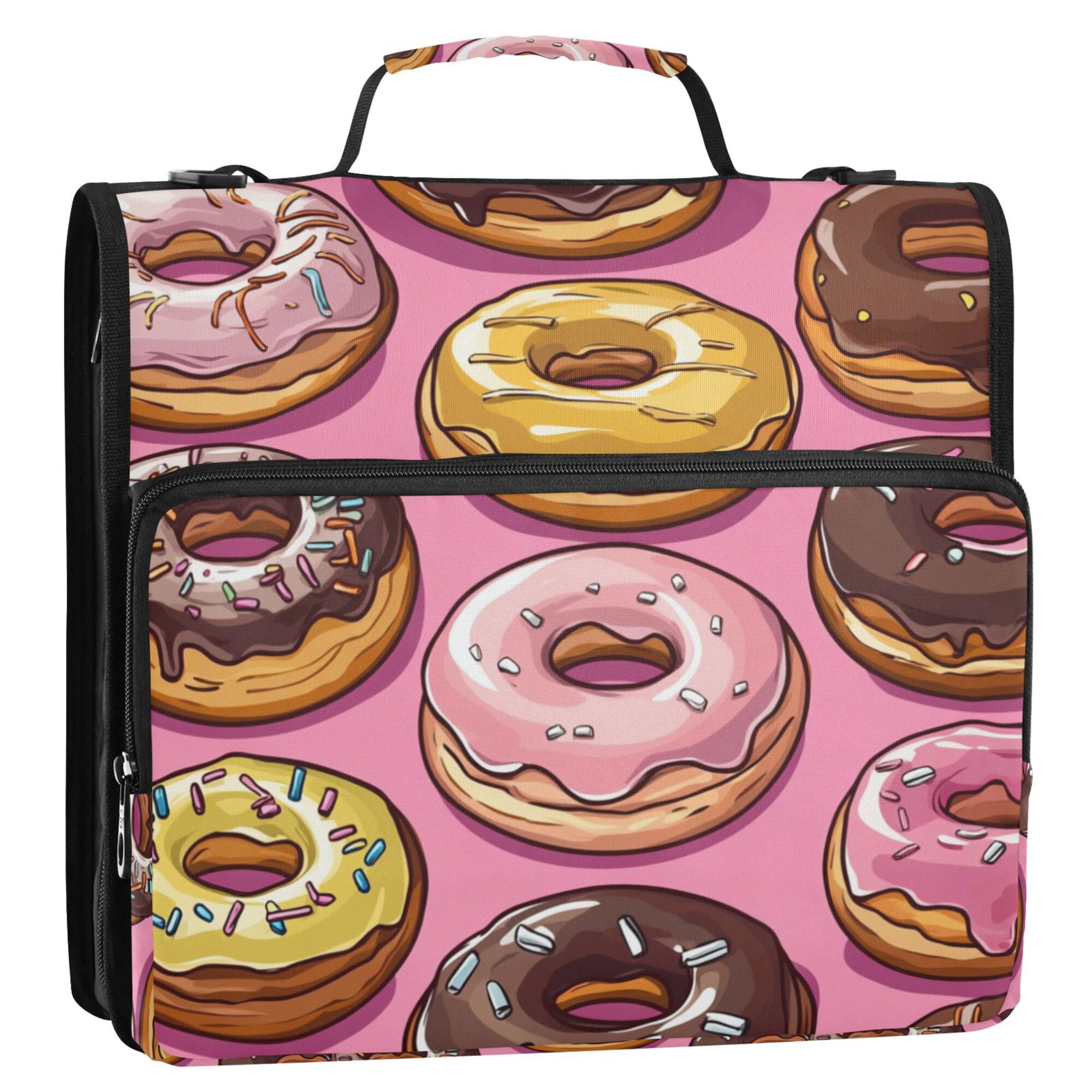FORMRS Zipper Binder with Shoulder Strap 2-inch Ring 500 Sheet Capacity File Bag, Cute Doughnuts Pattern