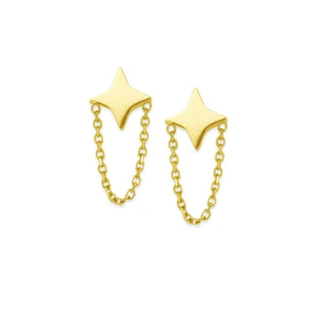 14k Yellow Gold Diamond-shape Star and Chain Drop Stud Earrings