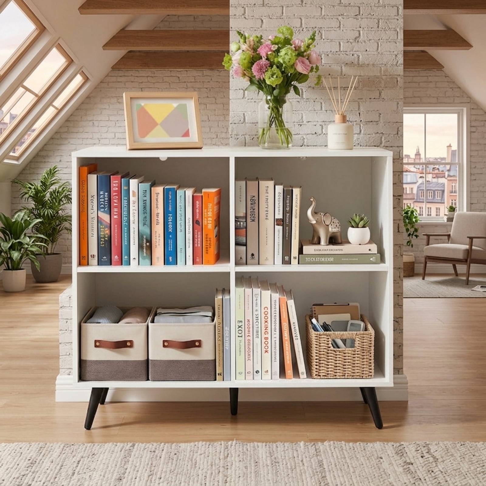 Furnibear 4 Cube Wooden Bookshelf Bookcase Desk with 5 Metal Legs and Enclosed Back for Home Office Living Room Storage, White