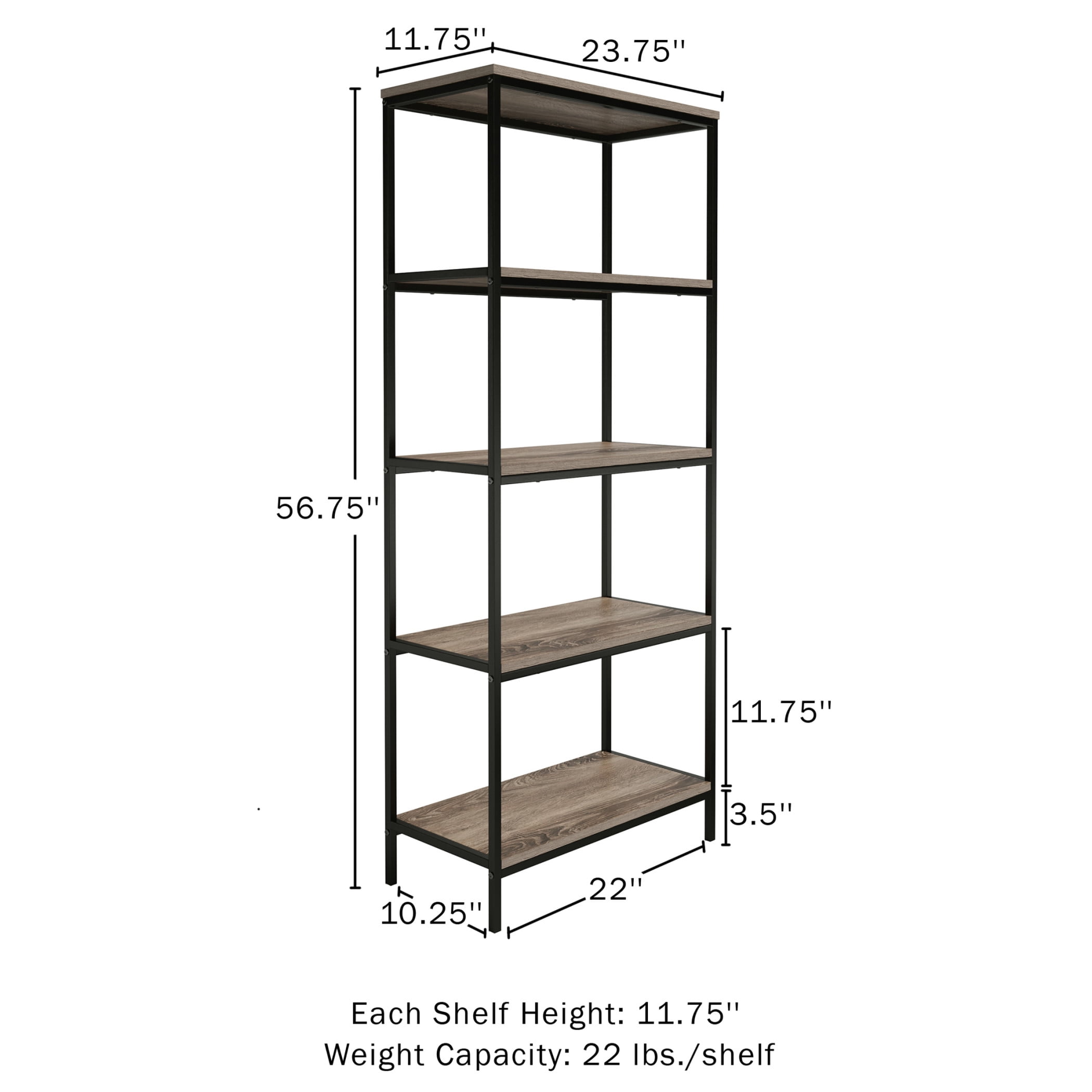 Lavish Home 5-Tier Bookshelf, Gray Woodgrain