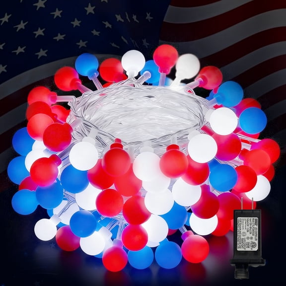 LAMPHOME 33FT 100LED Milky Globe String Lights, White/Red/Blue, Clear Wire, 8 Modes, Plug-in with Male-Female Connector, 29V, Christmas Decor