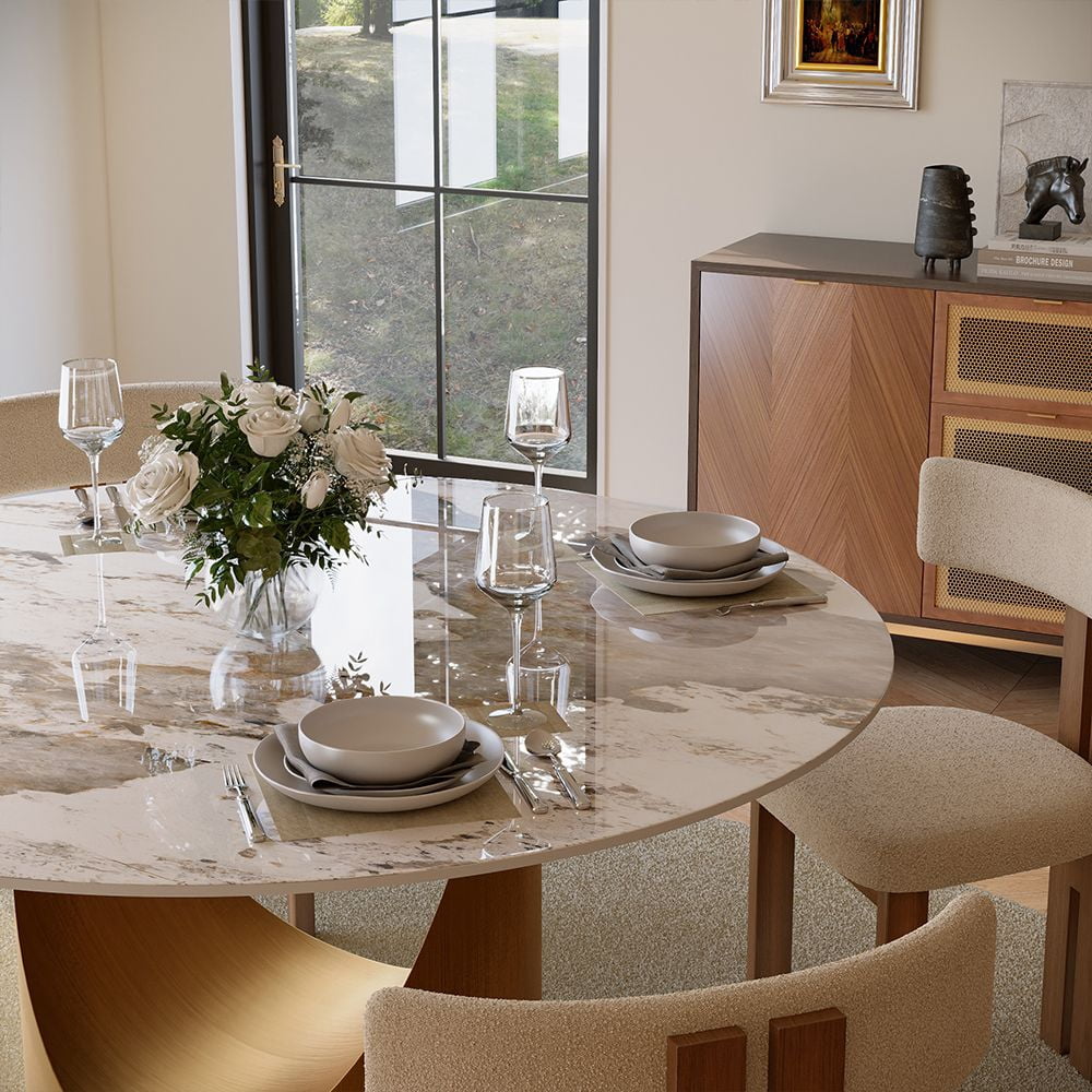 POVISON-59" Hobart Modern Round Dining Table for 6, Pandora Glossy Sintered Stone Table, Bronze Carbon Steel Pedestal