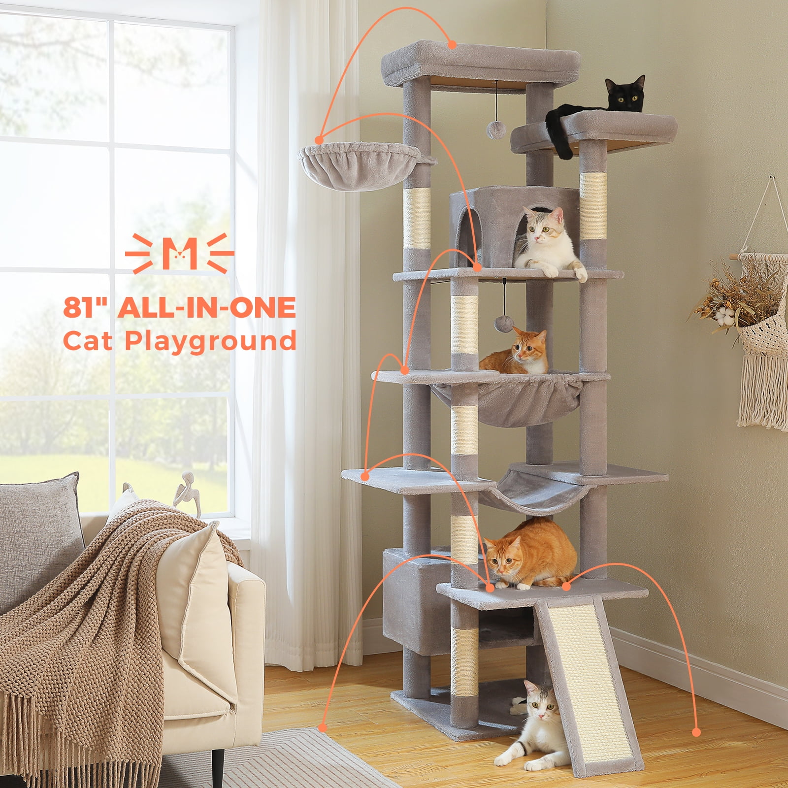 Pefilos 81" Tall Cat Tree for Indoor Cats, Multi-Level Cat Tower with Metal Frame Hammock, Scratching Ramp, 2 Top Perches, 2 Cozy Condos & 6 Scratching Posts, Gray