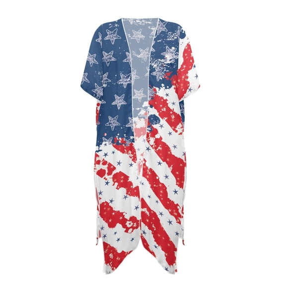 HELLHERO Polyester Long Kimono Swimsuit Cover Up for Summer Vacation Quick Dry Free Size Bathing Suit Cover Up American Flag Pattern
