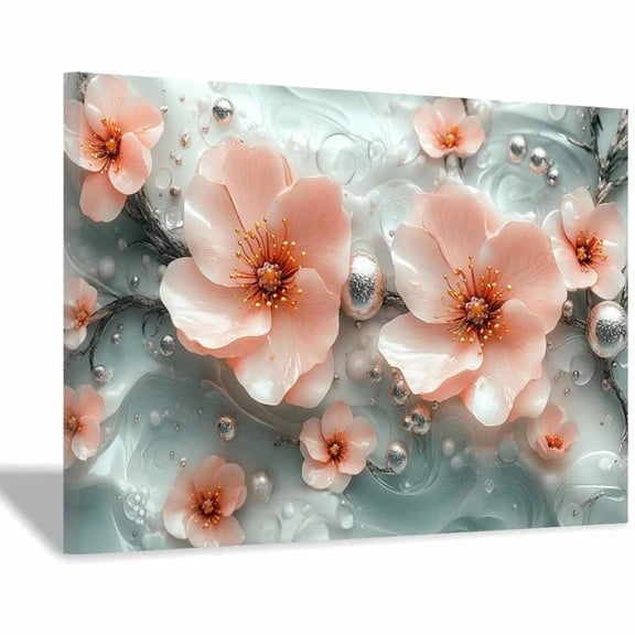 Mudket Peach Blossom Flower with Gold Trim Canvas Wall Art, Modern Floral Wall Decor, Framed Ready to Hang Artwork for Living Room Bedroom Office Luxury Decor - 12"L x 8"W