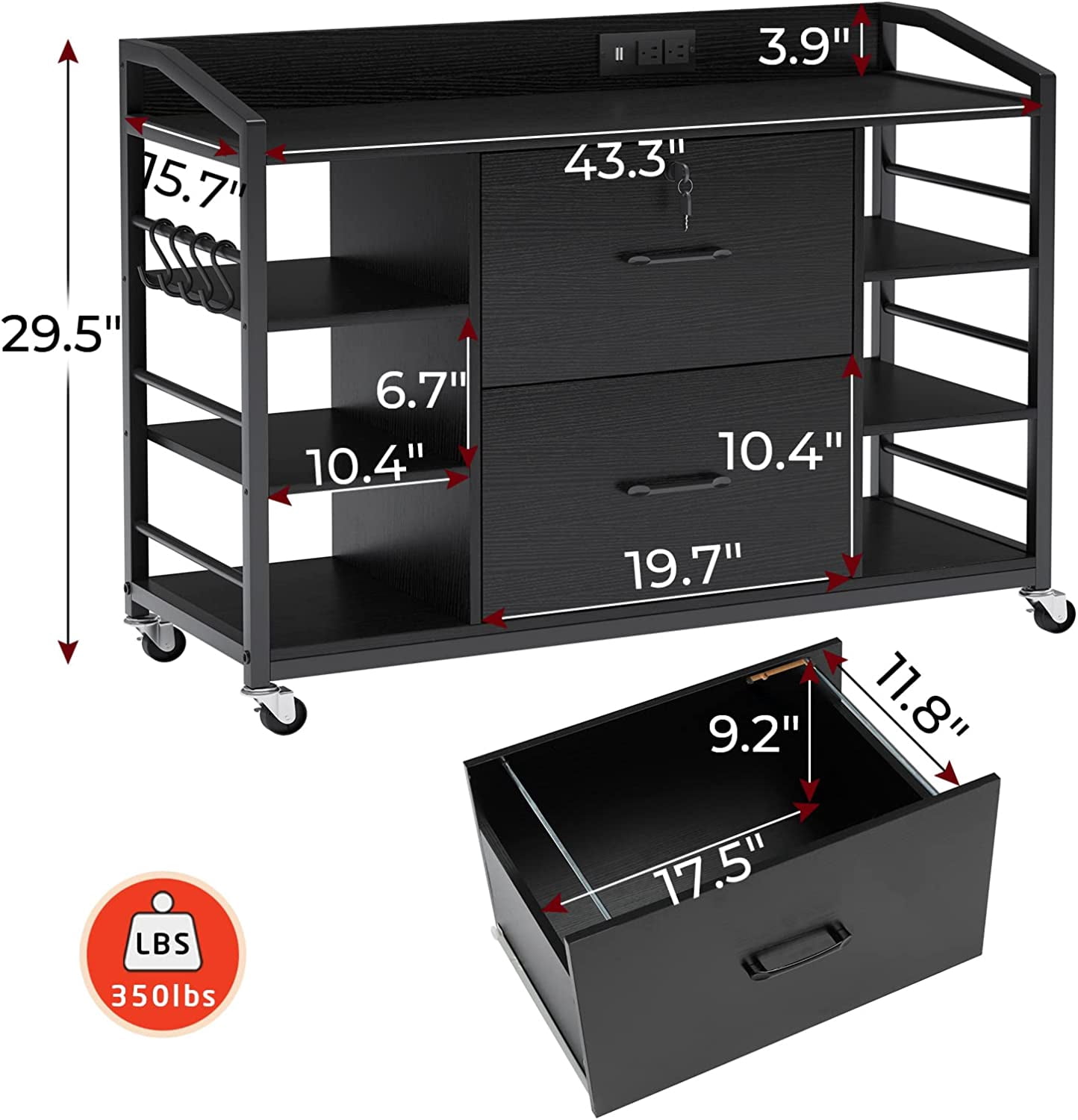 44" File Cabinet, Filing Cabinets fits Legal, Letter, A4 Size, 2 Drawer Office File Cabinet for Home Office with Lock, Power Strip, 6 Adjustable Shelves & 4 Hooks, Black