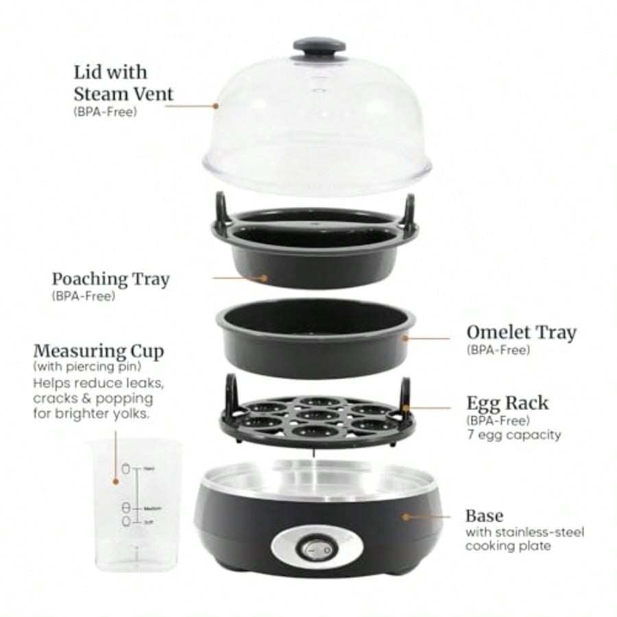 Rapid Egg Cooker 7 Easy-To-Peel Hard Medium Soft Boiled Eggs Poacher Omelet Maker Auto Shut-Off Alarm 16-Recipe Booklet Charcoal Grey