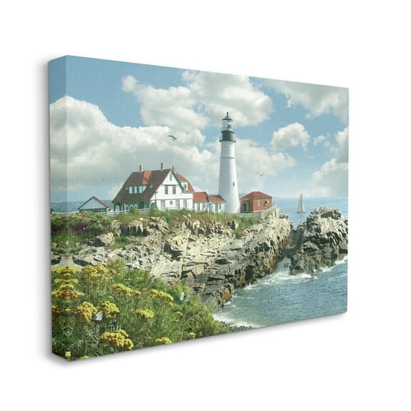 The Stupell Home Decor Collection Portland Head Lighthouse Scene Grassy Ocean Side Peninsula with Sail Boat Canvas Wall Art