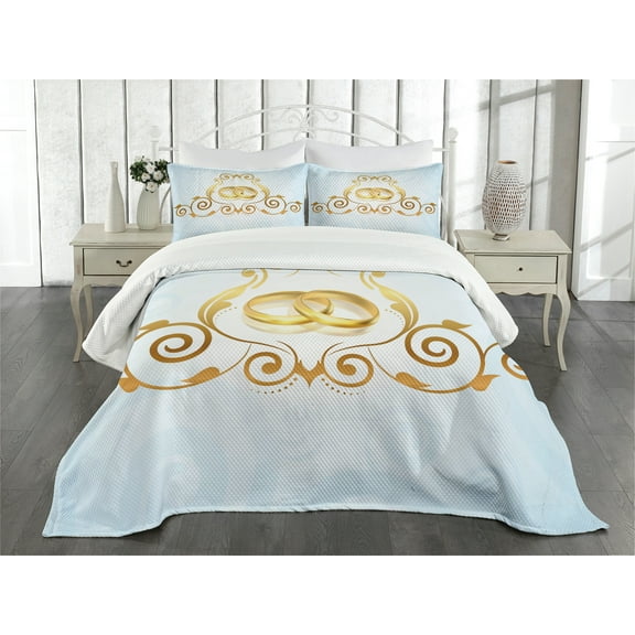 Ambesonne Wedding Quilted Bedspread Set 3 Pcs, Vintage Classic Rings, Queen Size, Pale Blue Caramel Yellow