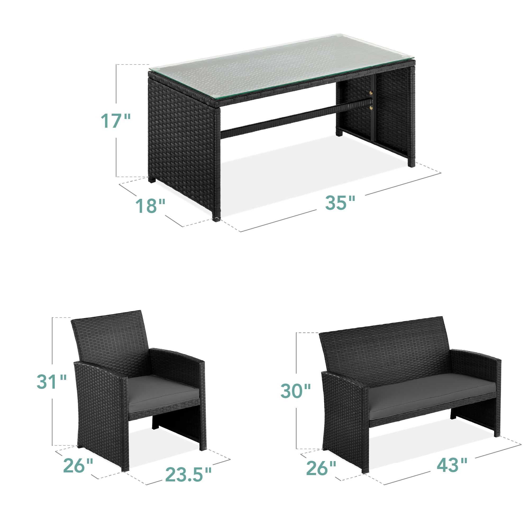Best Choice Products 4-Piece Outdoor Wicker Patio Conversation Furniture Set w/ Table, Cushions - Black/ Gray