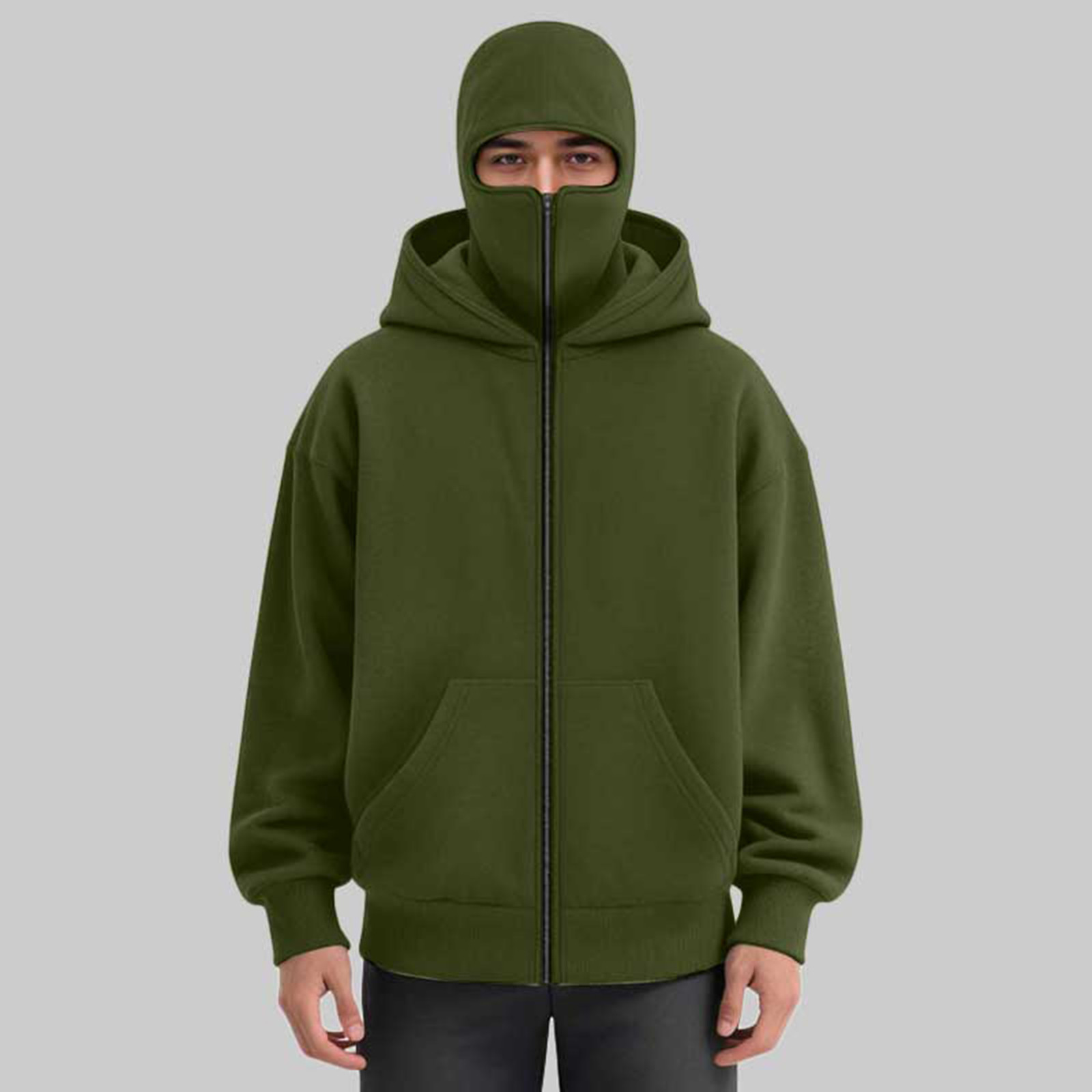 LiJinLong Balaclava Hoodie Zipper Men's Tactical Design Compatible Hunting Fishing Outdoor Work Winter Solid Utility Jacket S-XXL