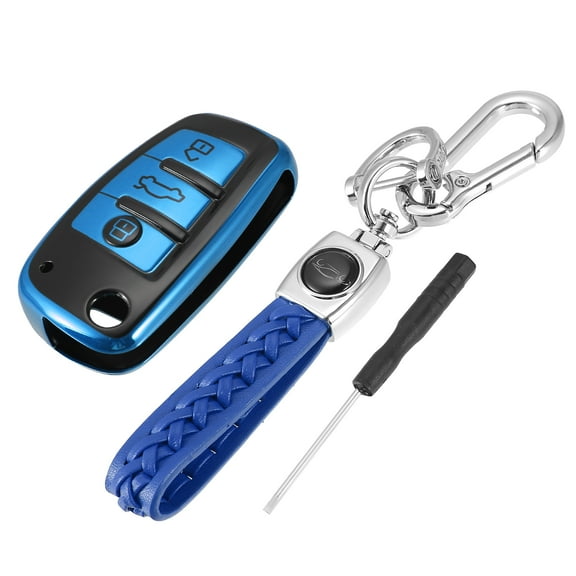 Vehicle Key Fob Cover 3 Button Remote Key Fob Case with Keychain Blue for Audi A1 A3 Q3 Q7 R8 A6L RS6 TT