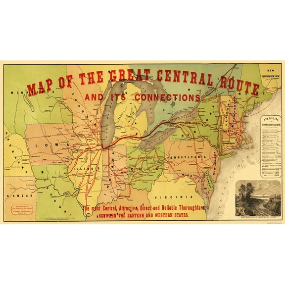 Railroad Map - Great Central Railroad Route - Thomas 1856 - 40 x 23 - Vintage Wall Art