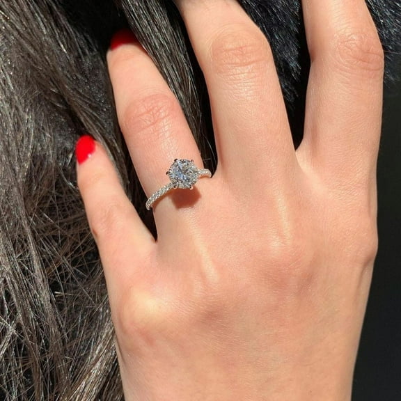 Solitaire Brilliance 1.50CT Round Cut Six Prong Solitaire Pave Accent Moissanite Engagement Ring, Gift for Women, 10k White Gold, Ring Size 4