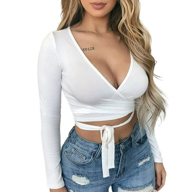 Femmes Sexy Slim Crop Tops Profonde V-Cou avant à Lacets Chemise de Base