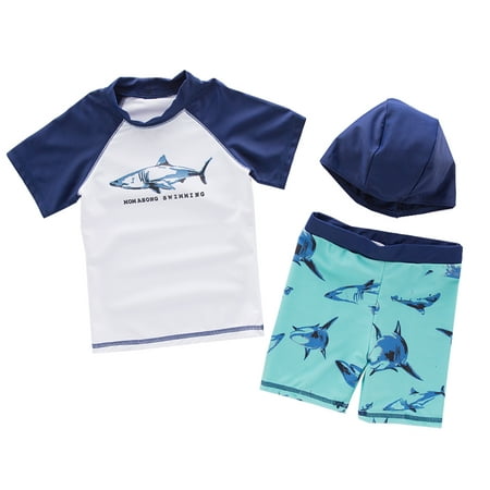 Styles I Love Kid Boys Chic Shark Printed Rash Guard with Swim Hat 3pcs Swimsuit Pool Party Swimwear Beach Bathing Suit (Shark/White,