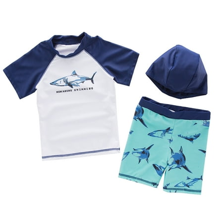 Styles I Love Kid Boys Chic Shark Printed Rash Guard with Swim Hat 3pcs Swimsuit Pool Party Swimwear Beach Bathing Suit (Shark/White, 5)