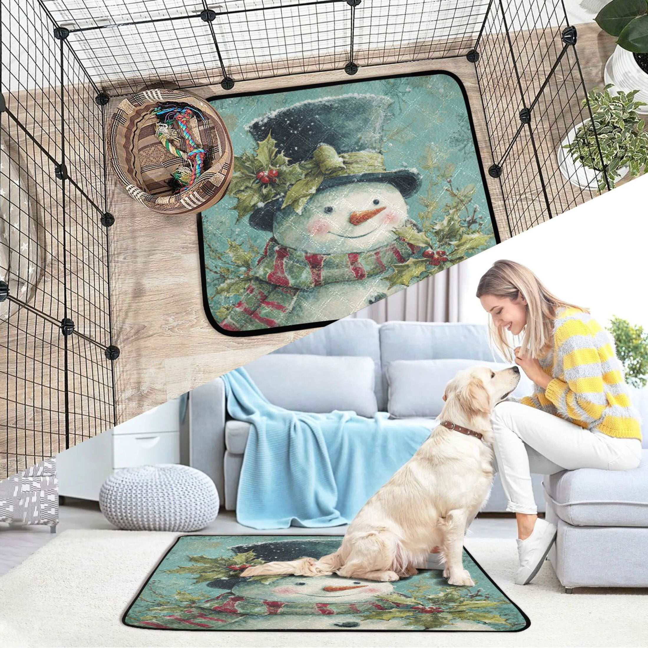 Qxltty Vintage Snowman Cat litter Pads Pet Set of 3 Diaper Mats Center Anti-leakage Layer Absorbent Soft and Comfortable